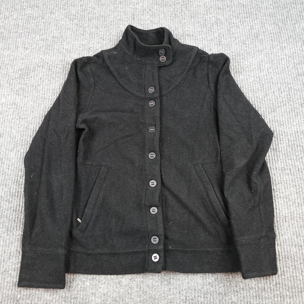 Ibex Carrie Cardigan Sweater Womens Medium Black Mock Neck Button Pockets USA